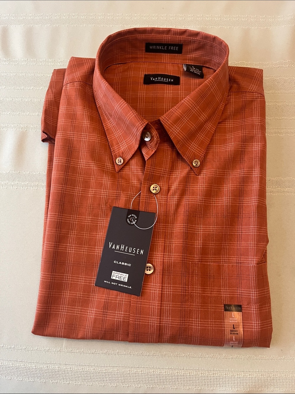Van Heusen Men’s Button-Down Plaid short sleeve Shirt in Rust.